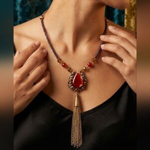 Source Unknown Bohemian Gold Beaded Necklace with Teardrop Red Stone & Tassel